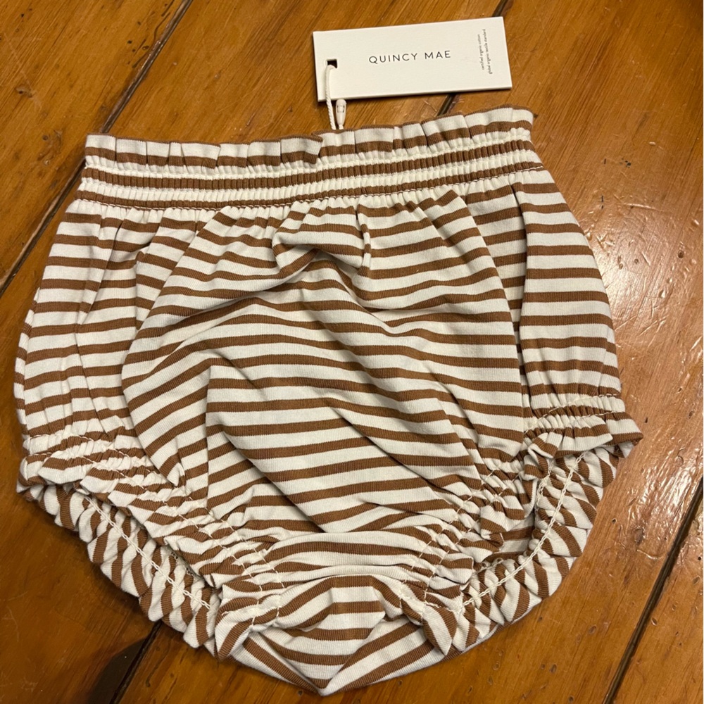 Quincy Mae Gathered Walnut Striped Bloomer size 6-12M Organic Cotton